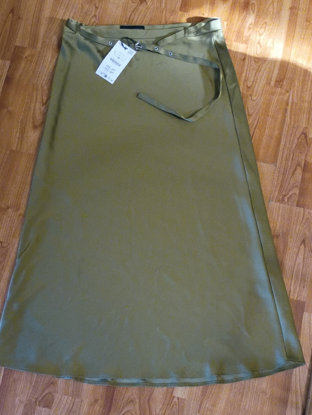Zara Olive Satin Wrap Skirt with Waist Tie